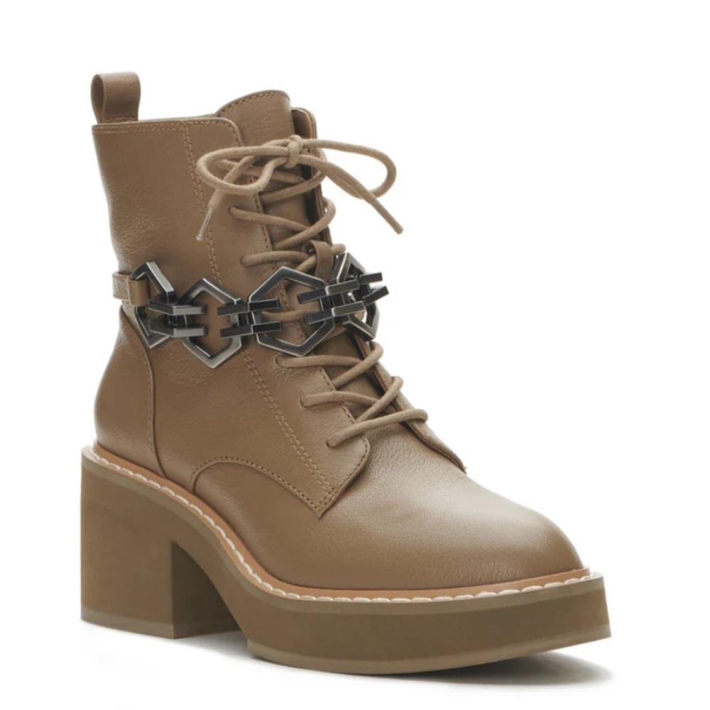 Vince Camuto Keltana Leather Taupe Combat Block Heel Boots With Chain Size 8.5